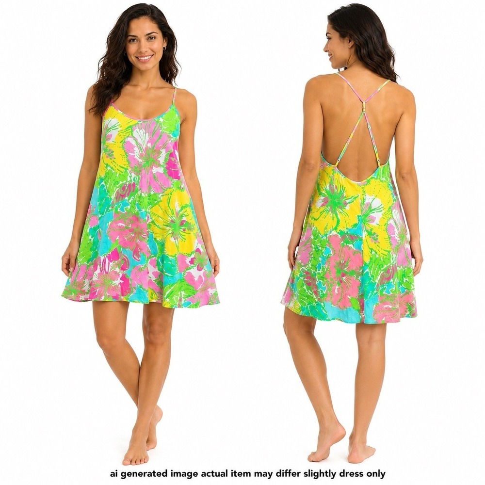 Lilly Pulitzer Silk Swing Dress M Pink Yellow Floral Tropical T-Back Mini Dress